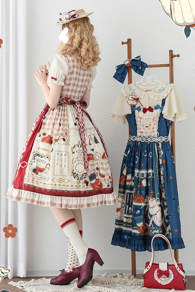 Red [Tea Party] Short Sleeves Print Ruffle Bowknot Lace Sweet Elegant Lolita Dress - Product - 4