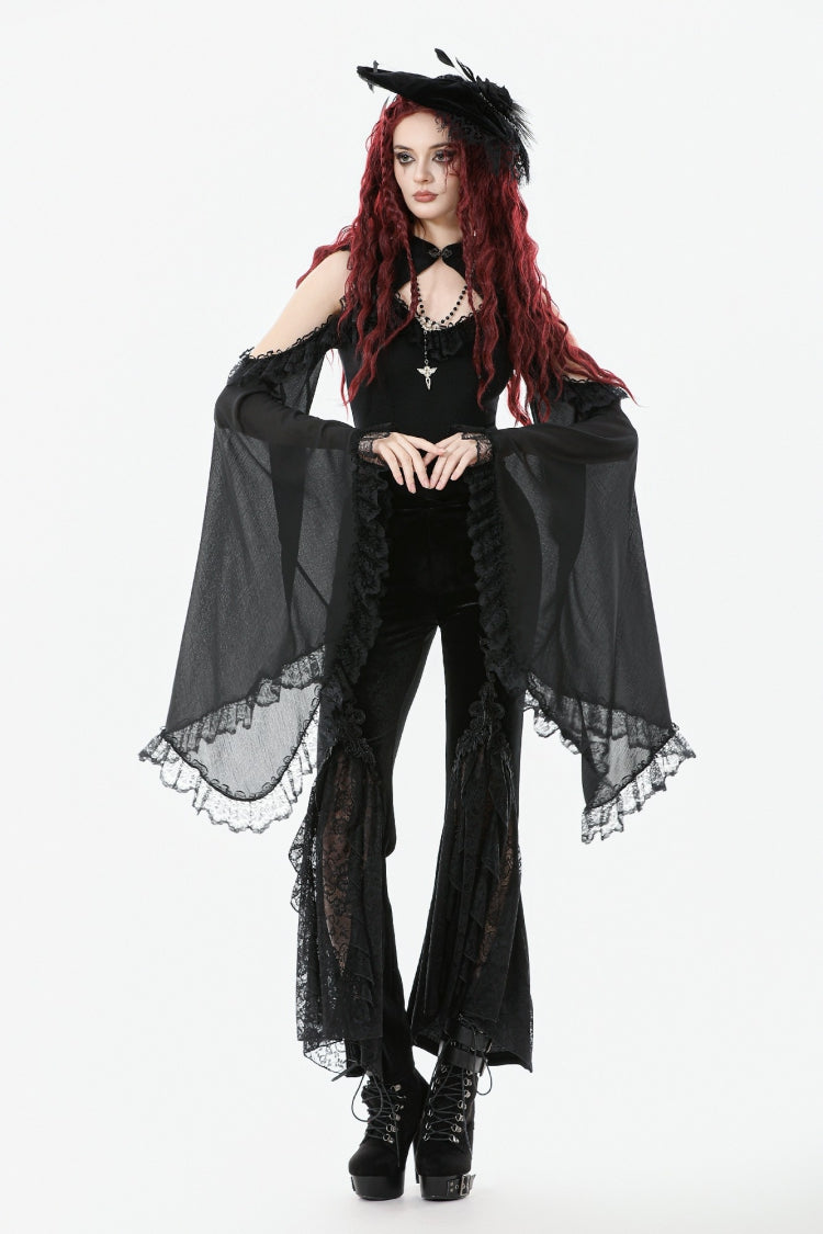 Black Women's Gothic Floral Embroidered Lace Flared Pants - Black - 1