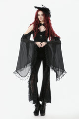 Black Women's Gothic Floral Embroidered Lace Flared Pants - Black - 1