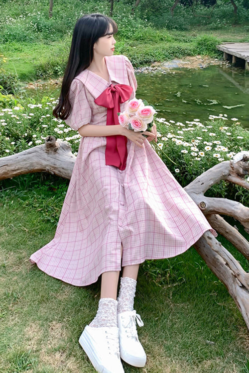 Pink Navy Lapel Collar Check Short Sleeves High Waisted Long Plus Size Sweet Lolita Dress - Product - 2