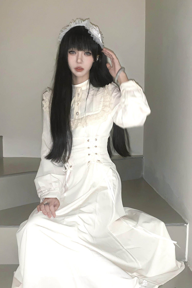 Apricot Stand Collar Long Sleeves Ruffled Lace-Up Mid-length Gothic Lolita Dress - Product - 2