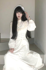 Apricot Stand Collar Long Sleeves Ruffled Lace-Up Mid-length Gothic Lolita Dress - Product - 2