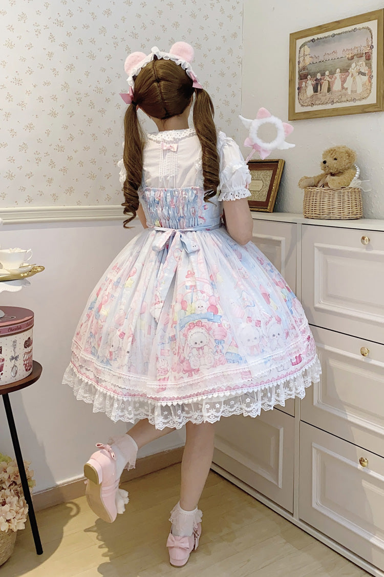 Blue [Cute Rabbit Sweet Cake] Print Ruffle Bowknot Lace Sweet Lolita Jsk Dress - Product - 5