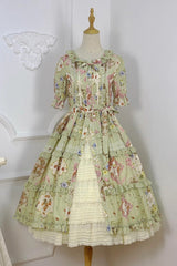 Green [Cat Rose Tea] Short Sleeves Print Ruffle Cardigan Bowknot Daily Sweet Lolita Dress - Product - 11