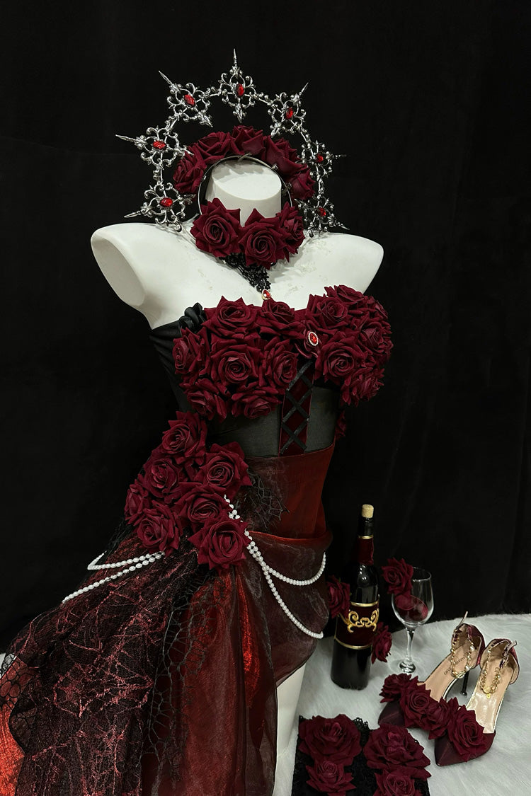 Red [Madame Red] Rose Off Shoulder Sleeveless Jacquard Pearl Detail Gothic Lolita Dress - Product - 3