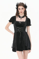 Black Square-Cut Collar Short Puff Sleeves Lace Patchwork Velvet Lace-Up Women's Gothic Vintage Dress - Product - 5