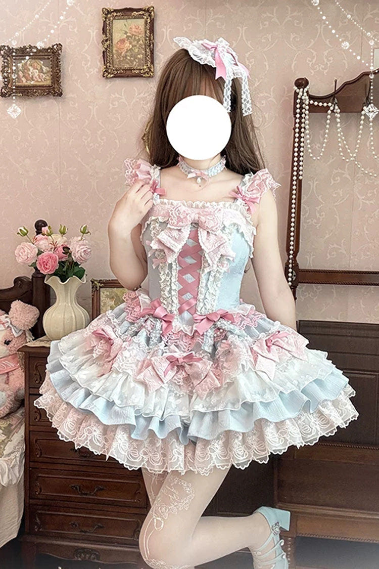 Blue/Pink [Honey Sweet Tart] Square Collar Sleeveless Multi-Layered Jacquard Ruffled Bow Lace Lace-Up Lolita Jsk Dress - Product - 12