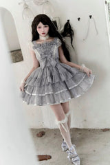 Grey Sleepless Dreams Multi-layer Print Ruffle Bowknot Sweet Elegant Lolita Jsk Dress - Product - 2