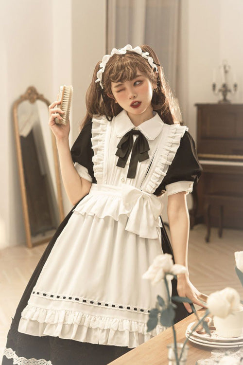 Black Lapel Collar Bowknot Short Sleeves Ruffled Sweet Lolita Maid OP Dress (Apron is included) - Product - 2