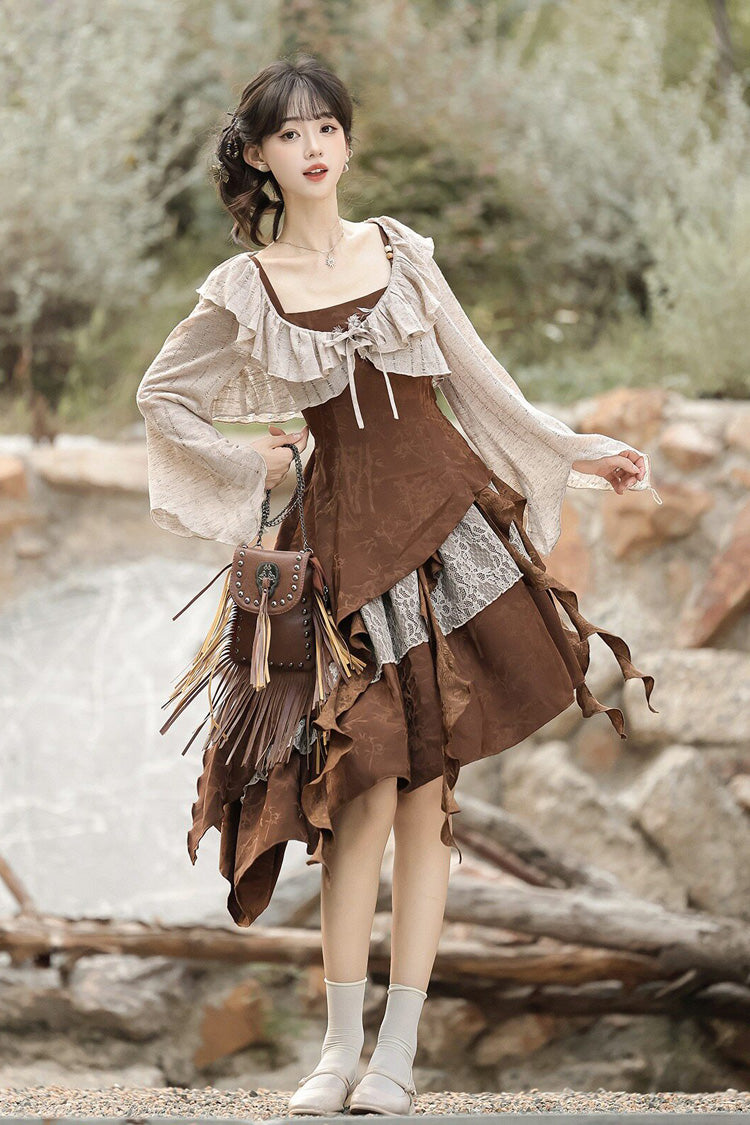 Brown [Dune Traveler] Printed Ruffled Spliced Asymmetric Punk Vintage Lolita Jsk Dress Set - Brown(Set) - 1