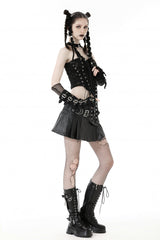 Black Halterneck Eyelet Lace-Up Ripped Women's Punk Tank Top - Product - 2
