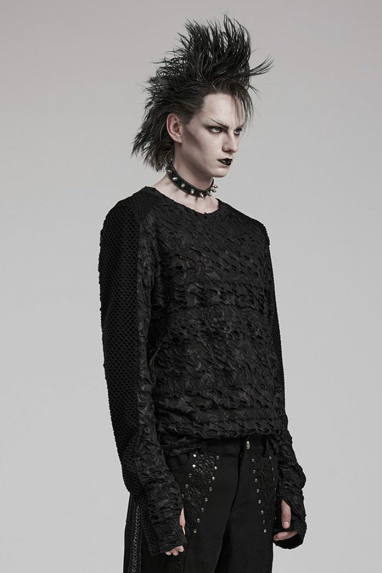 Black Long Sleeves Ripped Print Stitching Mens Gothic T-Shirt - Product - 2
