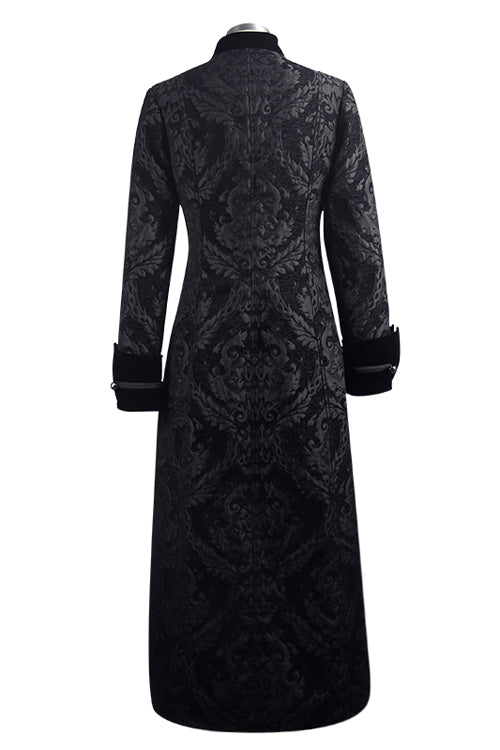 Black Gothic Patterned Metal Buttons Mens Velveteen Long Coat - Product - 6