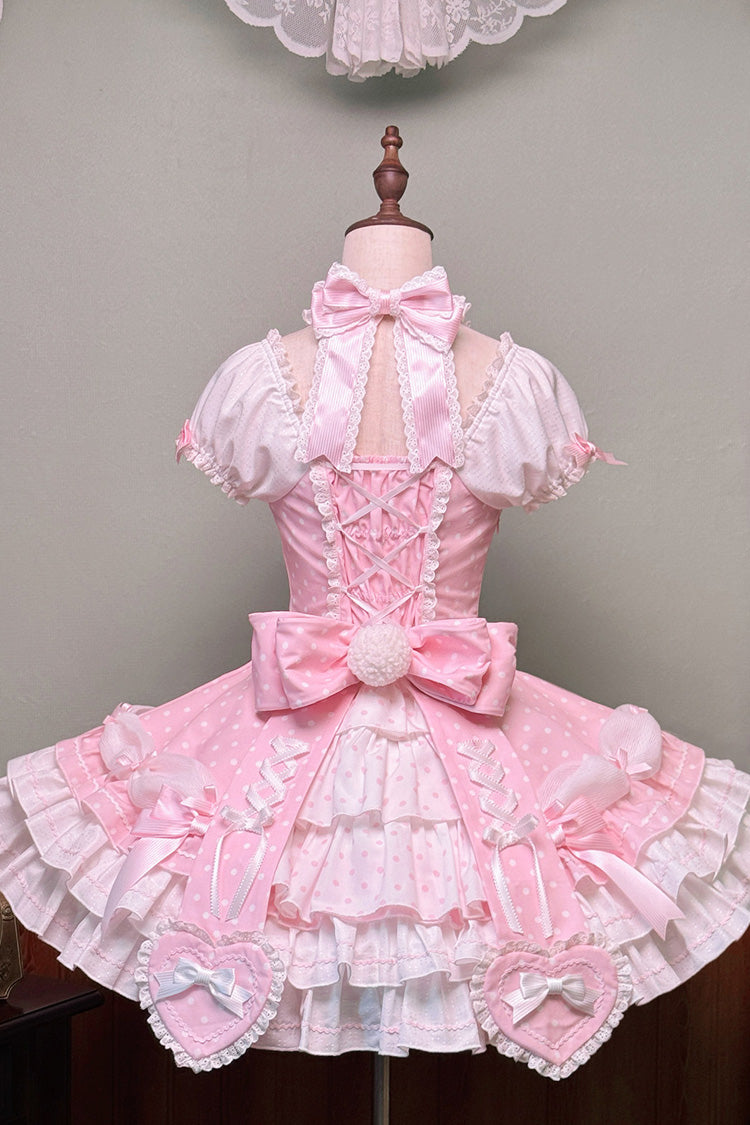 Pink Halterneck Short Sleeves Triple-Layered Polka Dot Printed Bow Lace-Up Sweet Lolita Dress - Product - 13