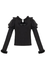 Hair Ball Tie Long Puff Sleeves Sweet Lolita Blouse 4 Colors - Black - 2
