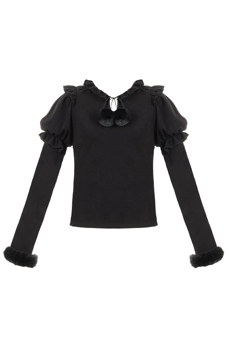 Hair Ball Tie Long Puff Sleeves Sweet Lolita Blouse 4 Colors - Black - 2
