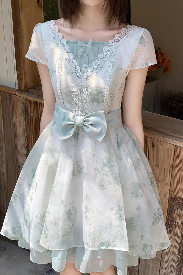 Green Short Sleeves Floral Printed Bow Lace Sweet Princess Lolita Dress - Product - 3