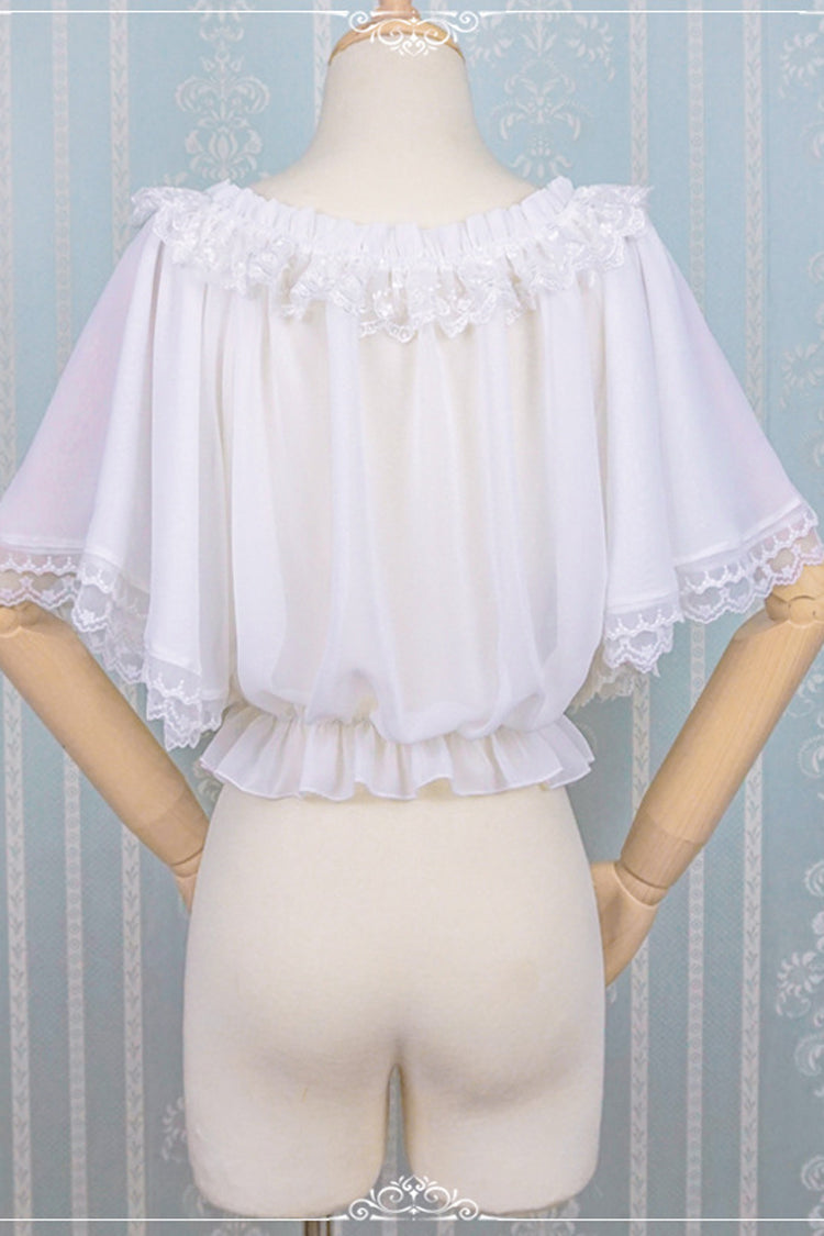 White Chiffon Boat Neck Half Sleeves Sweet Lolita Blouse - Product - 3