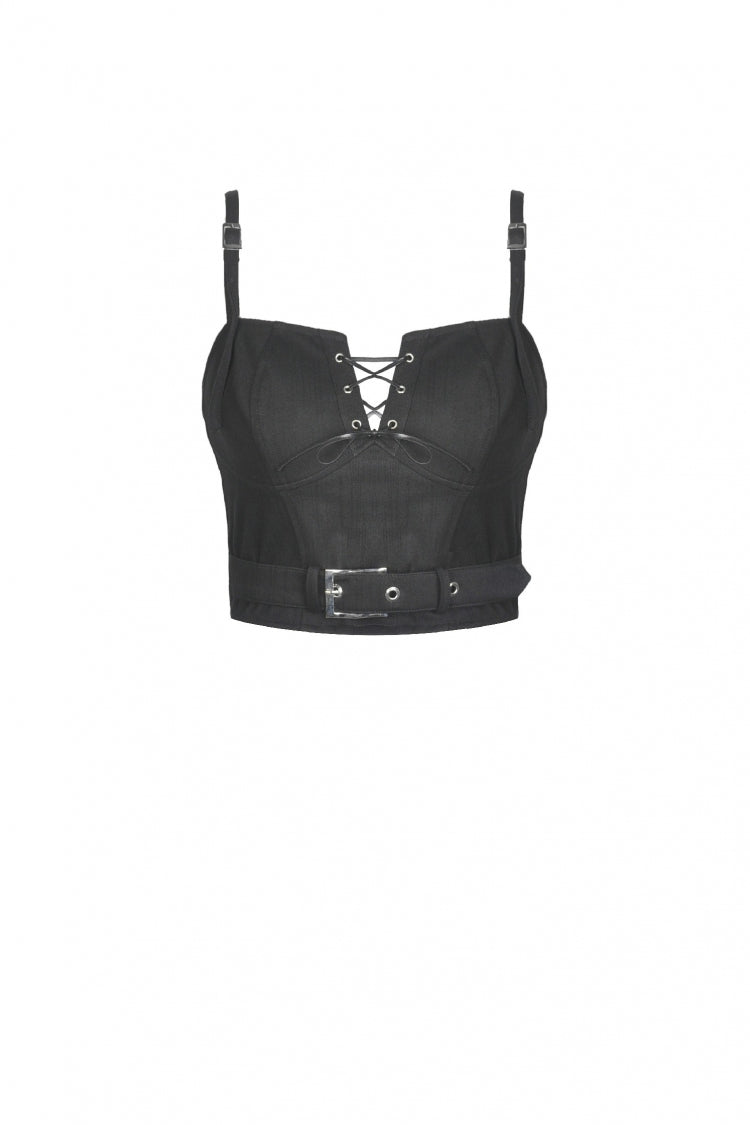 Black Lace-Up Buckled Strappy Women's Gothic Punk Bustier with Belt - Product - 3
