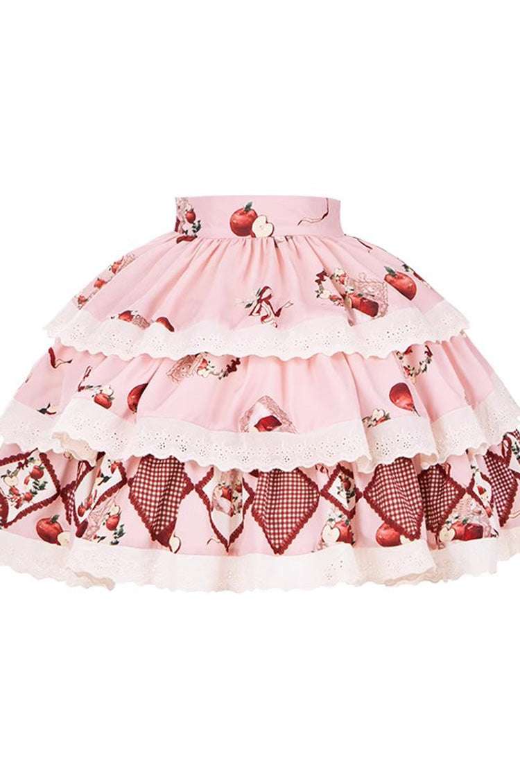 Pink Triple-Layered [Apple Orchard] Print Ruffle Embroidery Sweet Lolita Short Skirt - Product - 3