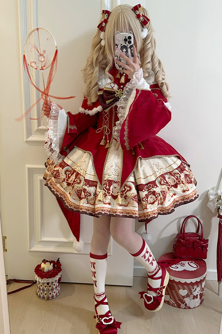 Red [New Year] Print Ruffle Bowknot Lace-Up Sweet Chinese Style Lolita Jsk Dress - Product - 8