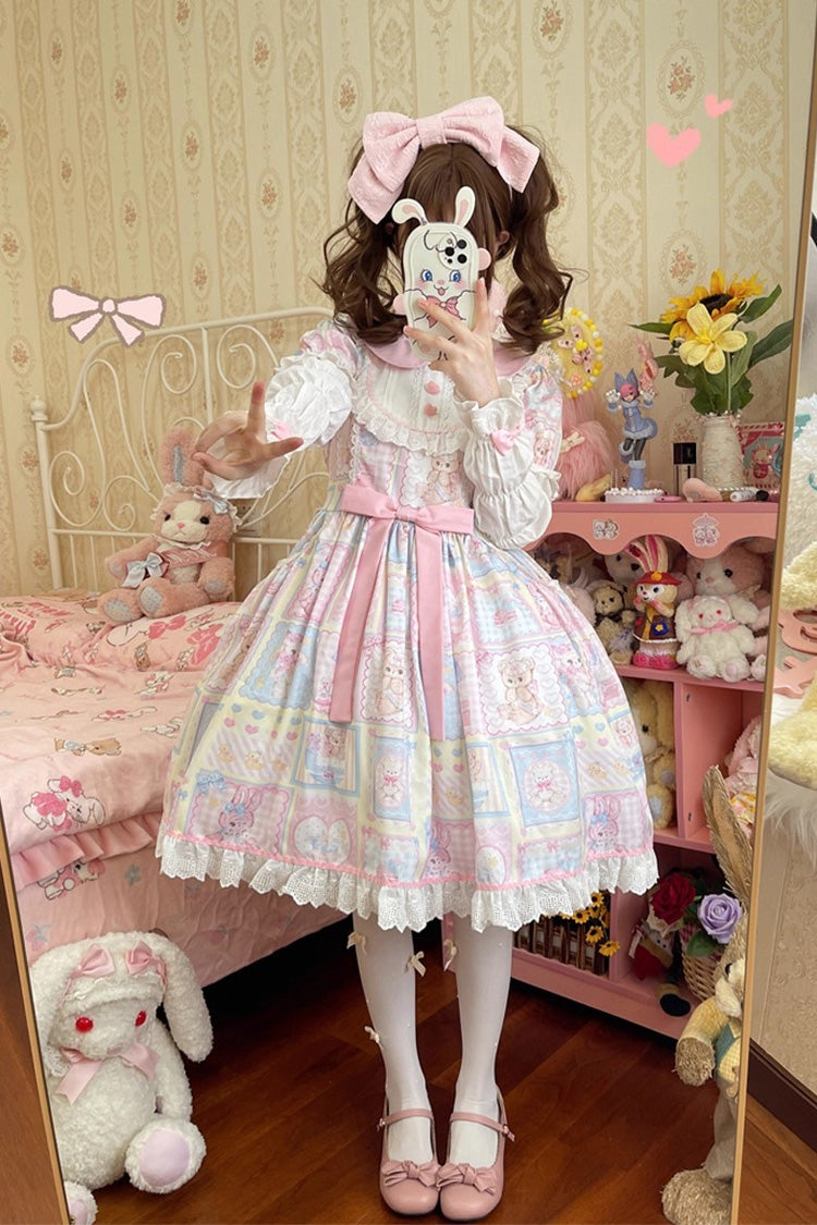 [Sweetheart Bunny Bear] Lapel Collar Long Sleeves Print Ruffle Bowknot Sweet Lolita Dress 3 Colors - Yellow - 4