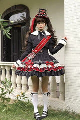 Black [Honor Guard Gala] V Collar Multi-Layered Printed Ruffled Bow Classic Gothic College Style Lolita Jsk Dress - Product - 17