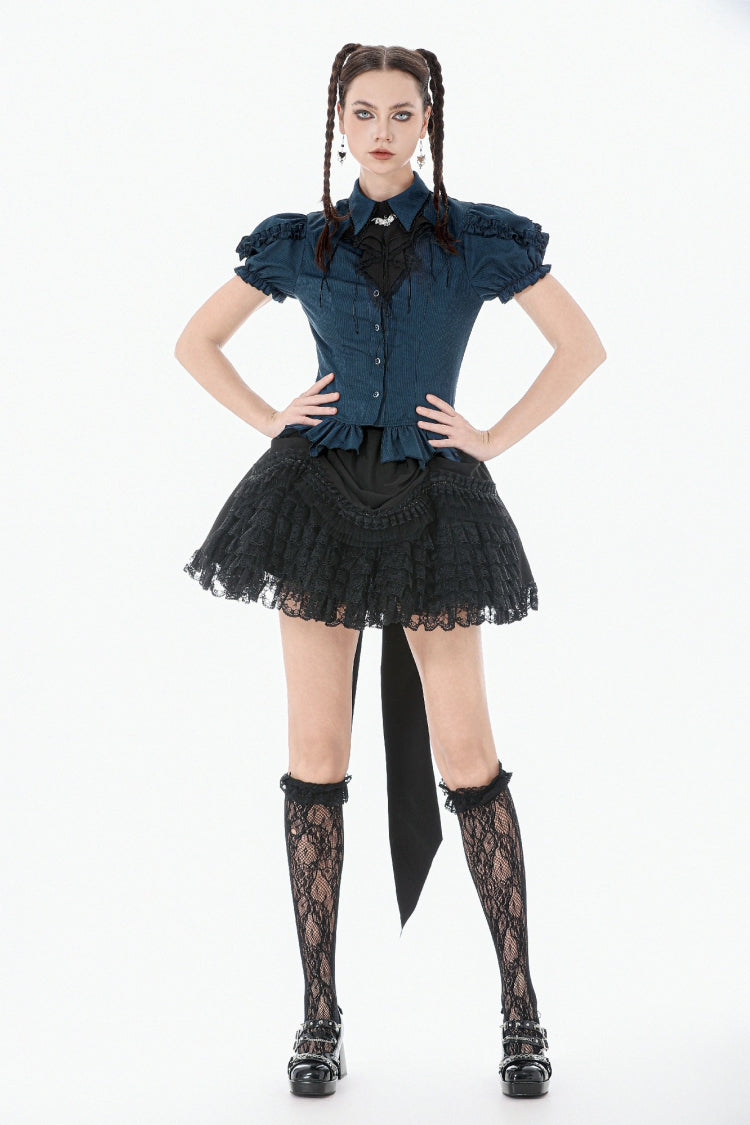 Blue Pinstripe Point Collar Short Puff Sleeves Women's Gothic Blouse with Detachable Bat Bow Tie - Product - 13