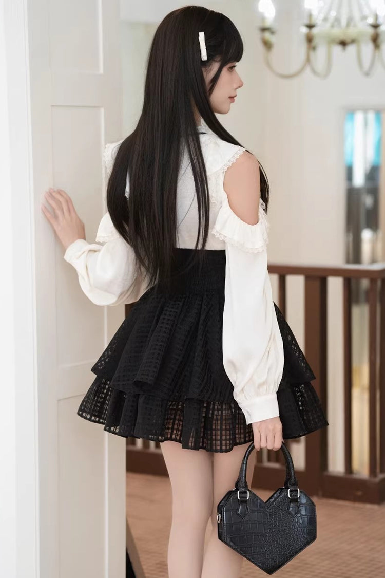 Black/White Round Collar Double-Layered Cut-Out Bow Lace-Up Classic Jirai Kei Japanese Elegant Skirt Set - Product - 9