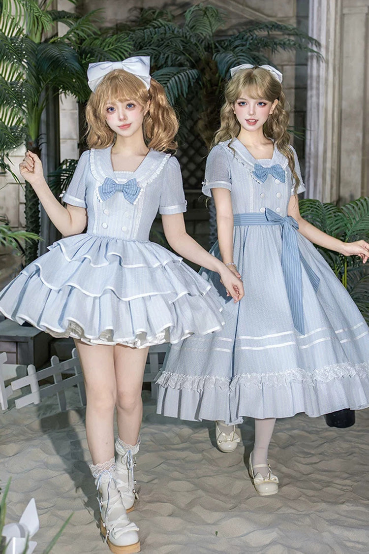 Blue [Seven Day Bell] Navy Collar Short Sleeves Printed Ruffled Bow Sweet Lolita Dress 2 Versions - Blue(Short-Version) - 1