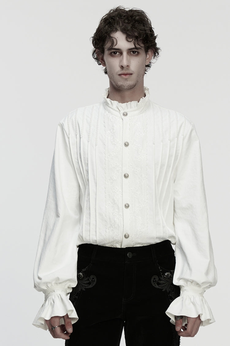 White Stand Collar Long Sleeves Ruffle Embroidery Pleated Men's Gothic Blouse - White - 1