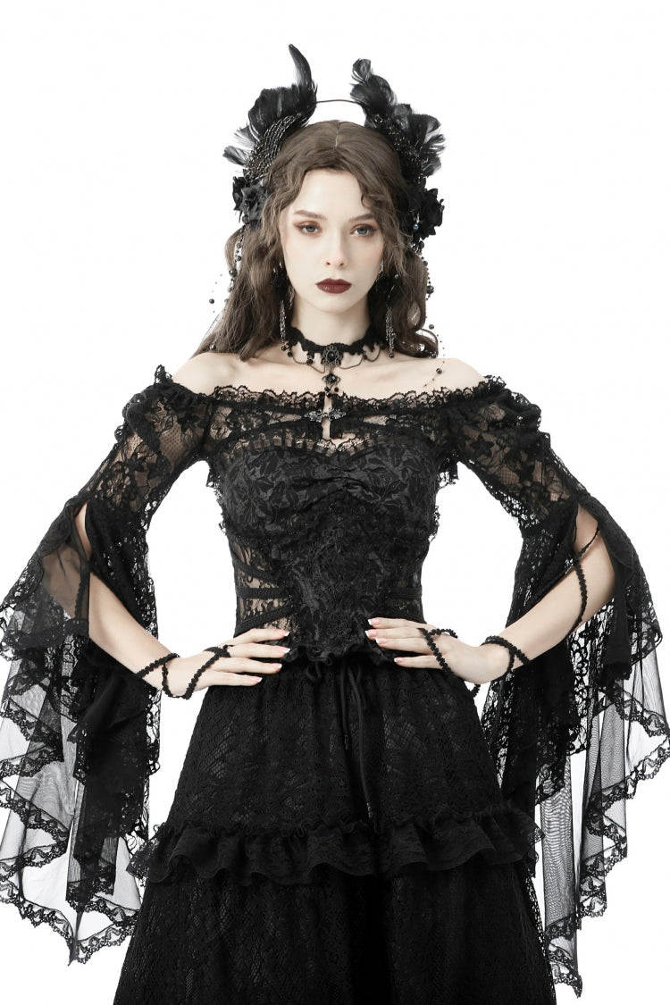 Black Off Shoulder Lace Long Trumpet Sleeves Floral Mesh Women's Gothic Cape - Black - 1