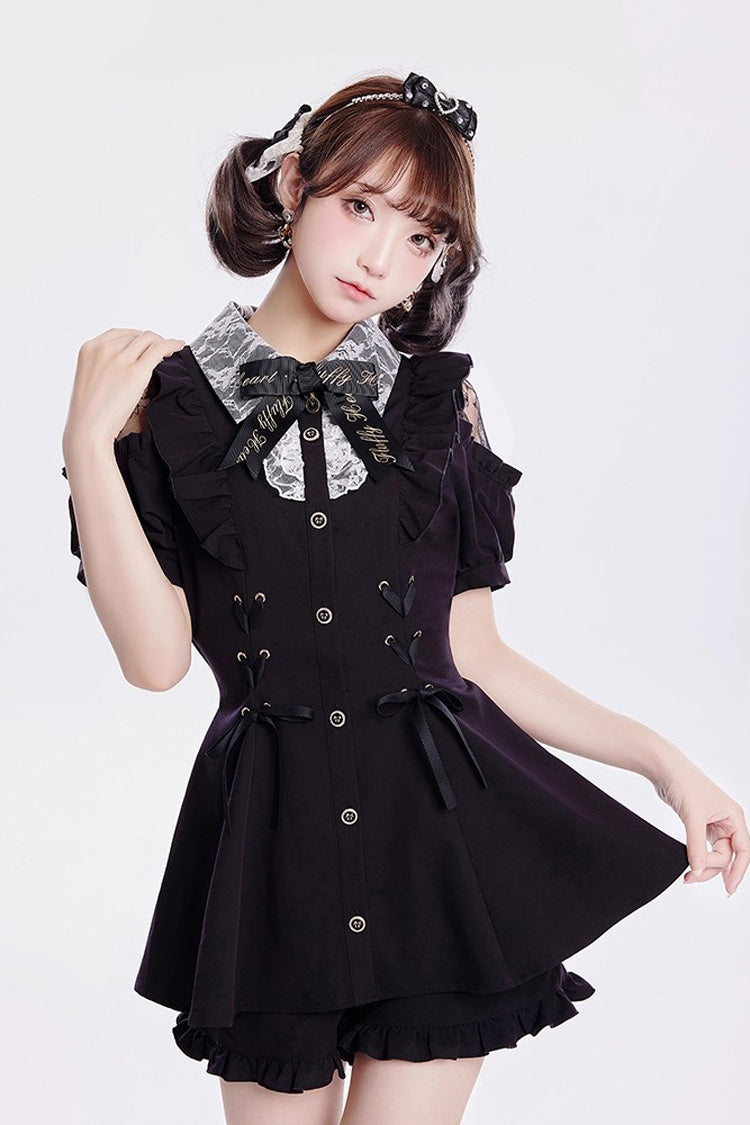 [Alice of Wednesday] Sweet Off Shoulder Short Sleeves Ruffle Bowknot Lace-Up Japanese Jirai Kei Dress Shorts Set 3 Colors - Black - 8