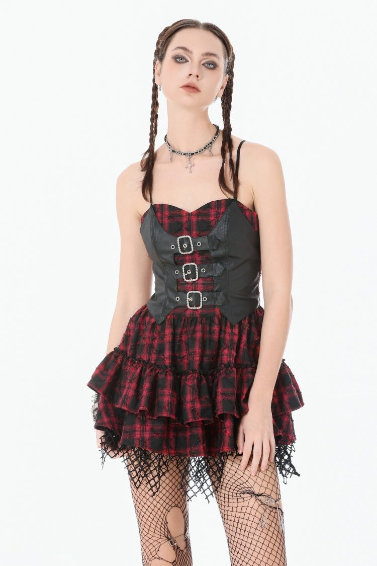 Black/Red Plaid Leather Multi-Layered Ruffled Women's Punk  Sweetcore Slip Dress - Product - 6
