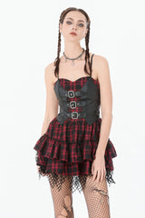 Black/Red Plaid Leather Multi-Layered Ruffled Women's Punk  Sweetcore Slip Dress - Product - 6