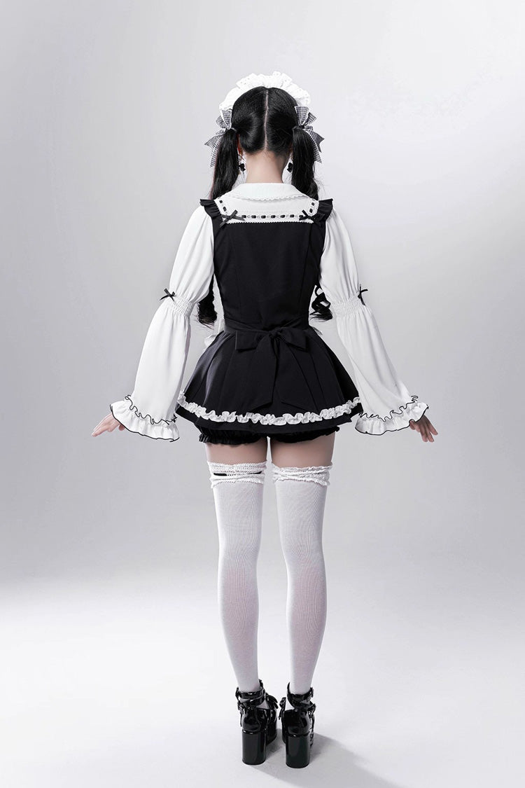 Black/White [Showcase Doll] Japanese Maid-Style Long Sleeves Ruffle Bowknot Jirai Kei Japanese Dress Shorts Set with Detachable Apron - Product - 6