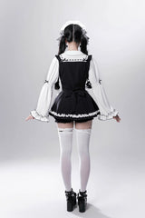 Black/White [Showcase Doll] Japanese Maid-Style Long Sleeves Ruffle Bowknot Jirai Kei Japanese Dress Shorts Set with Detachable Apron - Product - 6