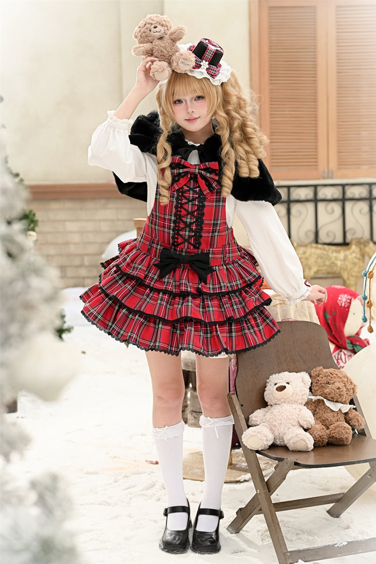 Red [Christmas Velvet Cake] Triple-Layered Printed Ruffled Bow Lace-Up Gothic Elegant Lolita Jsk Dress - Product - 9