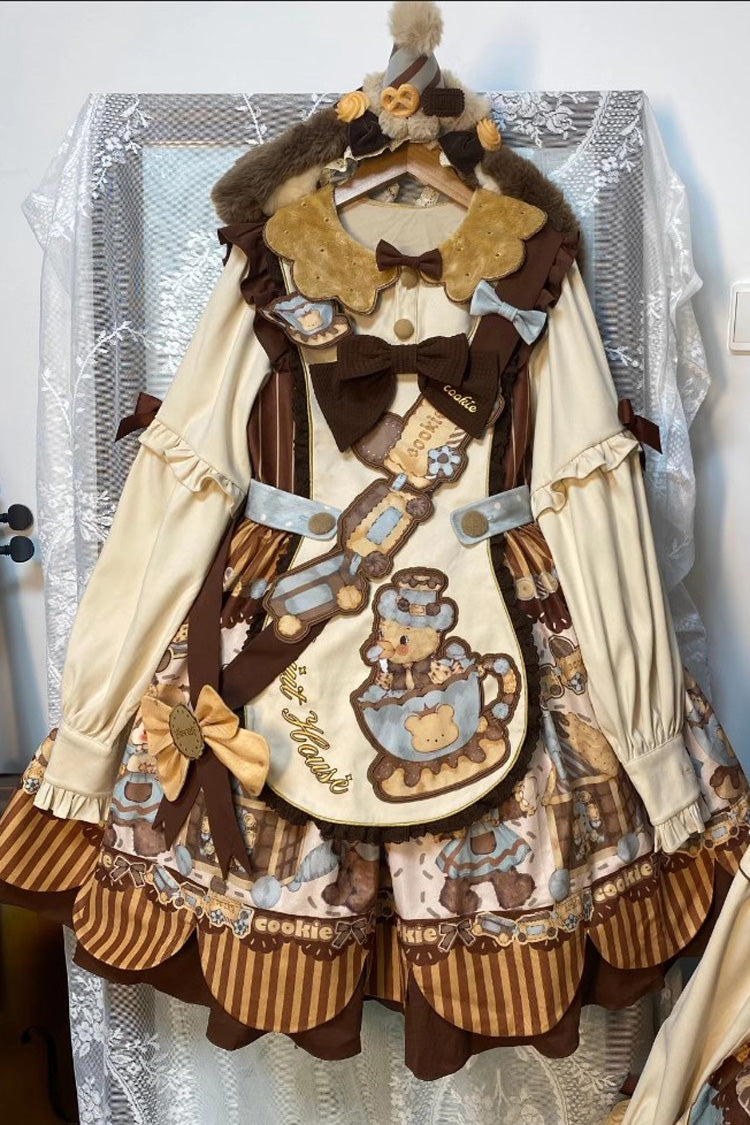 [Bear Cookies] Print Long Sleeves Ruffle Bowknot Sweet Lolita OP Dress 2 Colors - Product - 10