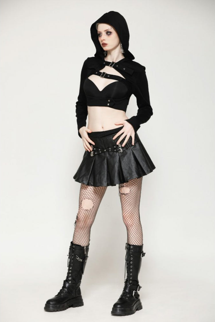 Black Long Sleeves Cut-Out Buckled Women's Punk Shrug with Hood - Product - 11