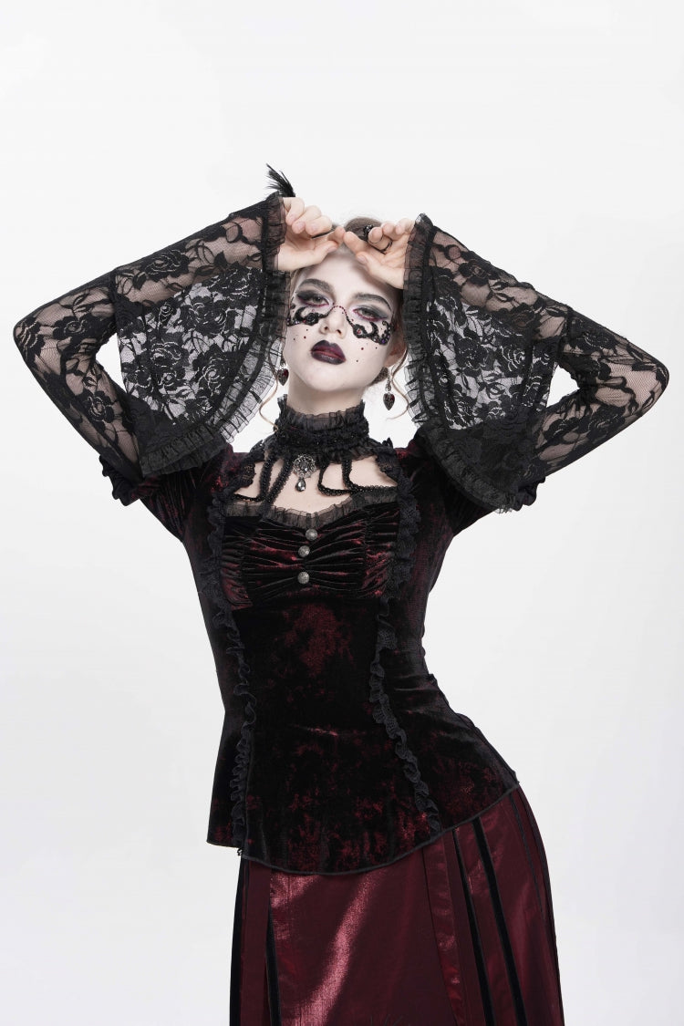 Red  Long Trumpet Sleeves Lace Mesh Faux Two-Piece Pleated Eyelet Women's Gothic Palace Velvet Blouse - Red - 1