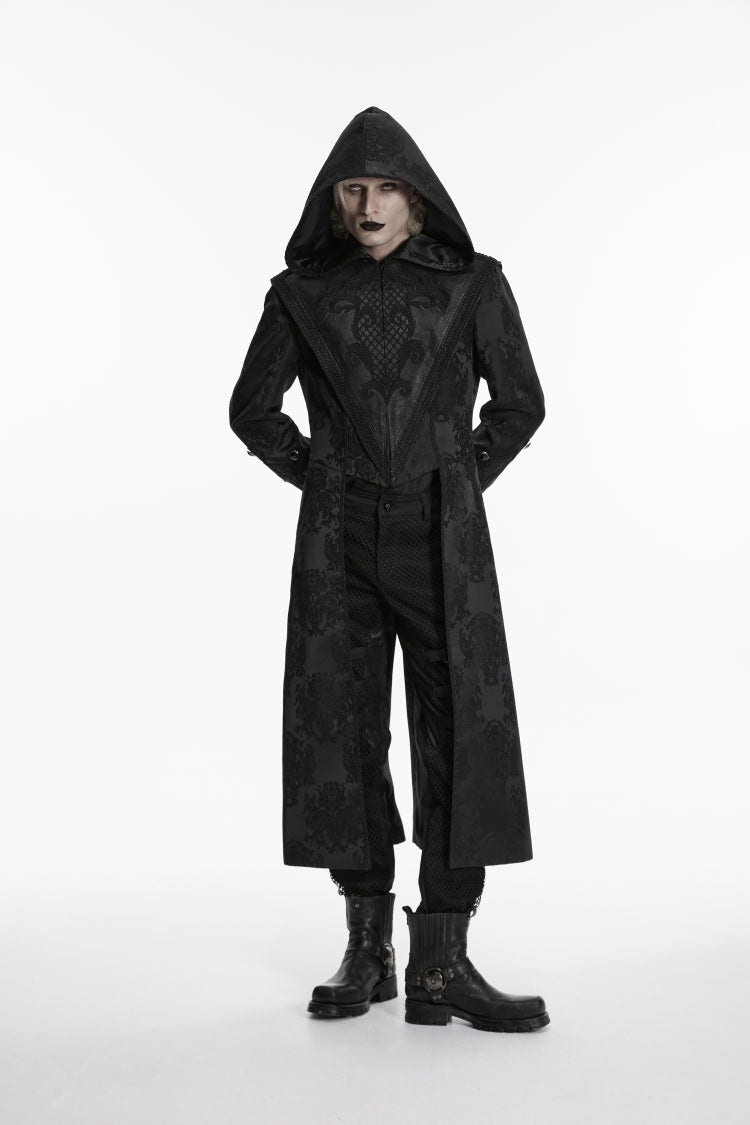 Black Long Sleeves Jacquard Embroidered Spliced Lace Hooded Color-Blocked Men's Punk Cool Coat - Product - 4