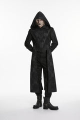 Black Long Sleeves Jacquard Embroidered Spliced Lace Hooded Color-Blocked Men's Punk Cool Coat - Product - 4