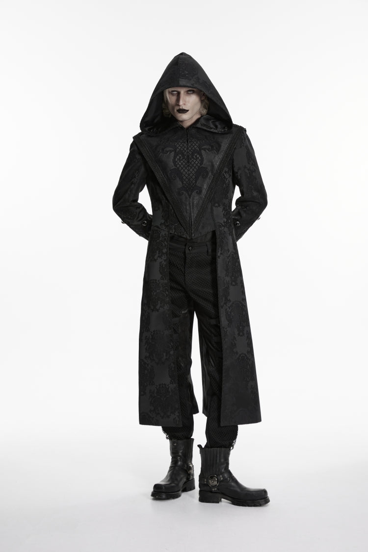 Black Long Sleeves Jacquard Embroidered Spliced Lace Hooded Color-Blocked Men's Punk Cool Coat - Product - 4