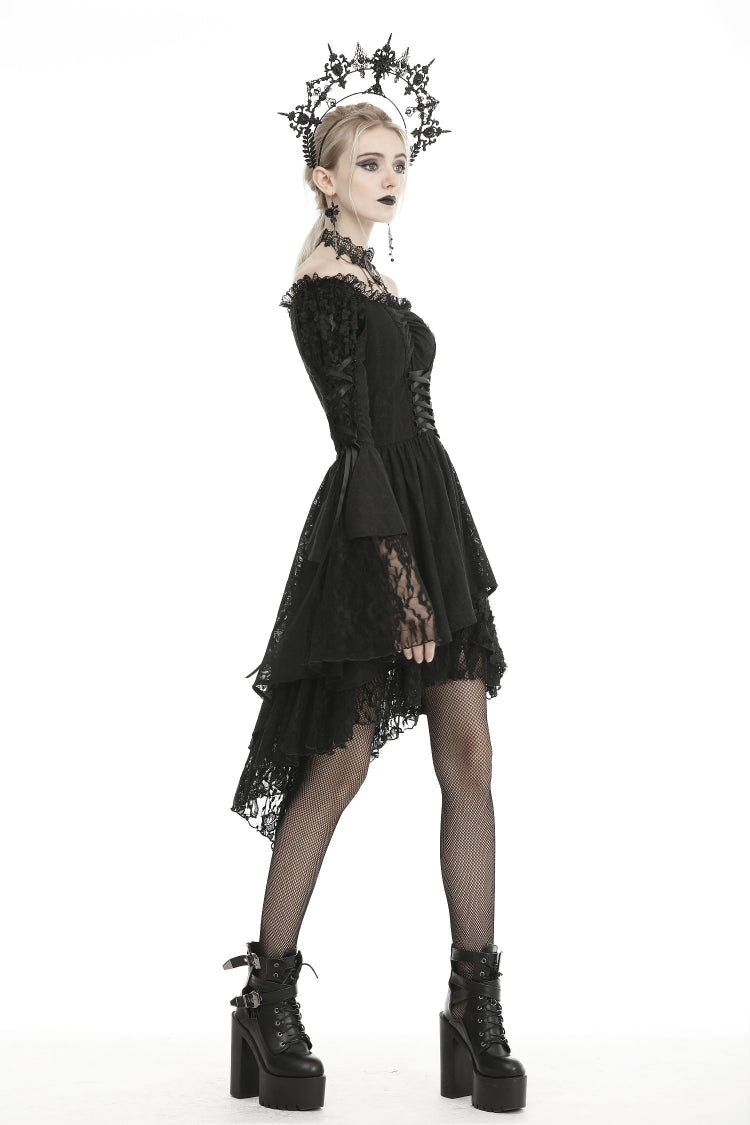 Black Off Shoulder Long Trumpet Puff Sleeves Lace-Up Strappy Mesh Women's Gothic Cocktail Dress - Product - 10