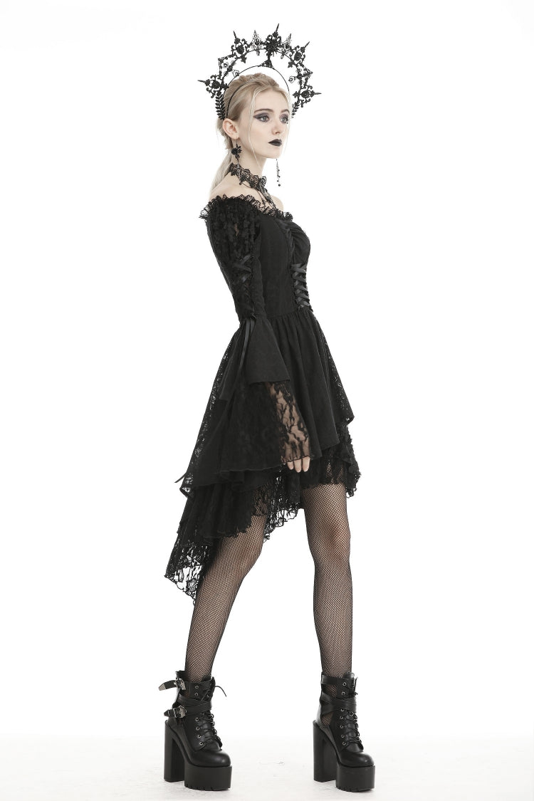 Black Off Shoulder Long Trumpet Puff Sleeves Lace-Up Strappy Mesh Women's Gothic Cocktail Dress - Product - 10