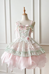 Pink/Green Summer Garden Ruffle Embroidery Bowknot Lace Sweet Lolita Jsk Short Dress - Product - 3