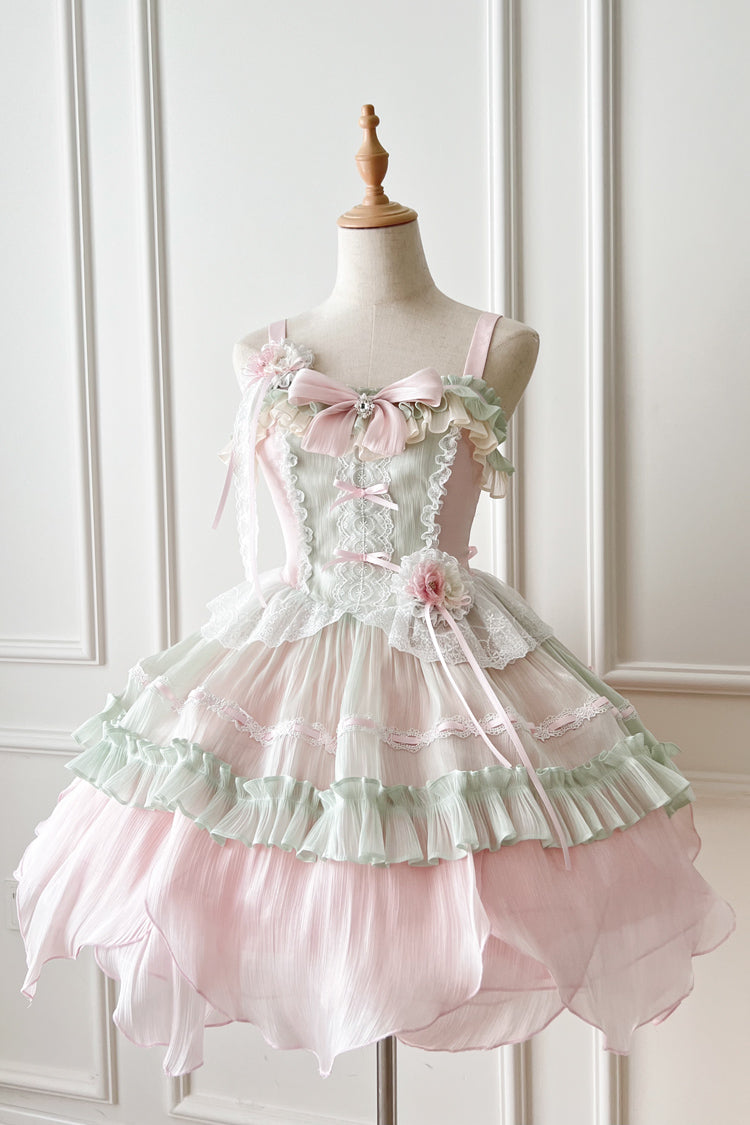 Pink/Green Summer Garden Ruffle Embroidery Bowknot Lace Sweet Lolita Jsk Short Dress - Product - 3