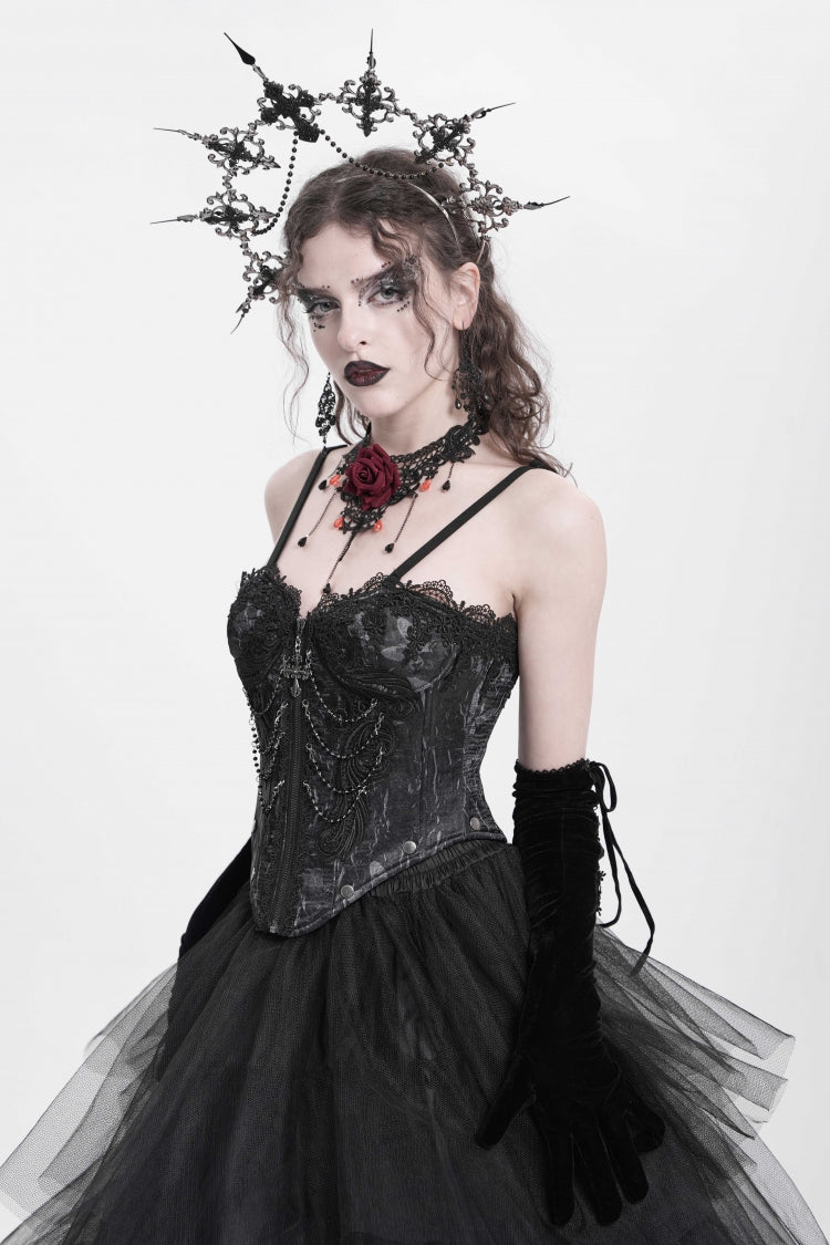 Black Sleeveless Embroidery Lace Chain Women's Gothic Vest - Product - 5