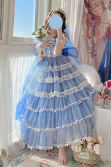 Blue Multi-Layered Ruffled Hanayome Bow Pearl-Decorated Sweet Lolita Jsk Dress Full Set 2 Versions - Product - 2